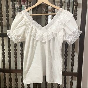 Vintage White Floral Lace Puff Sleeve Square Dance Prairie Peasant Top Large